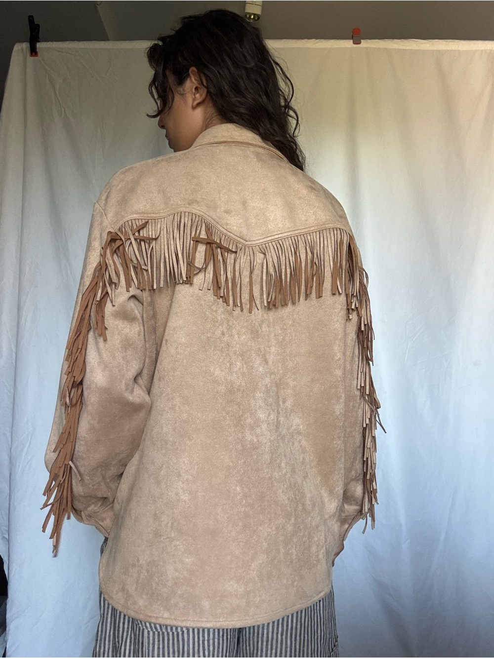 Beige Suede Fringe Button-Front Leather Jacket - Picture 3 of 6